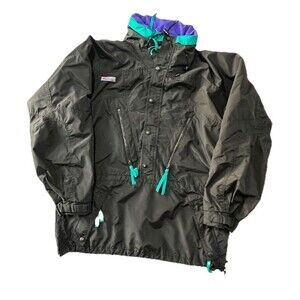 Columbia Sportwear Co. Windbreaker Mens L Black Anorak Hooded Radial Sleeve Flaw